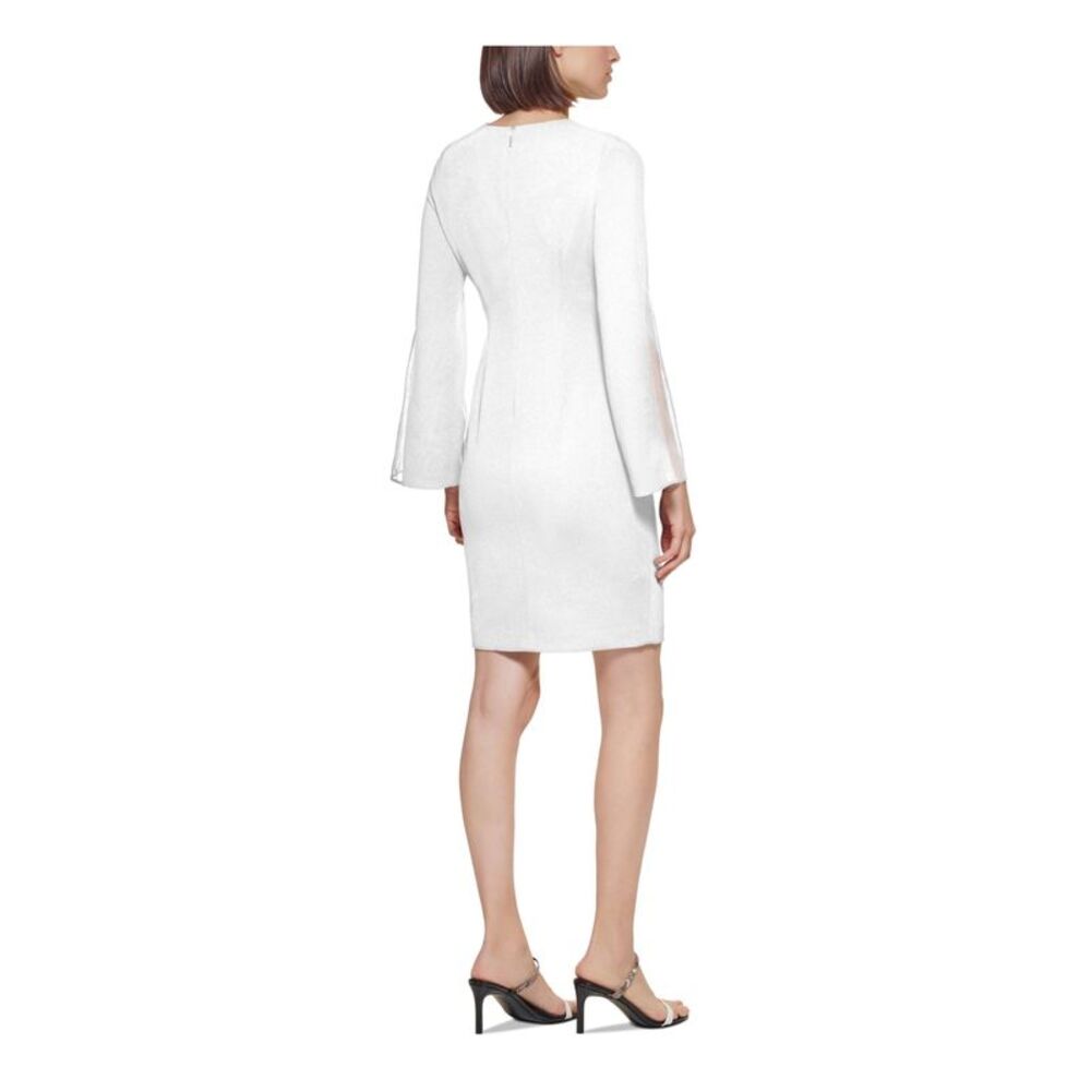 NWT CALVIN KLEIN Womens White Insets Lined Bell Sleeve Sheath Dress Petites 4P - Picture 2 of 4